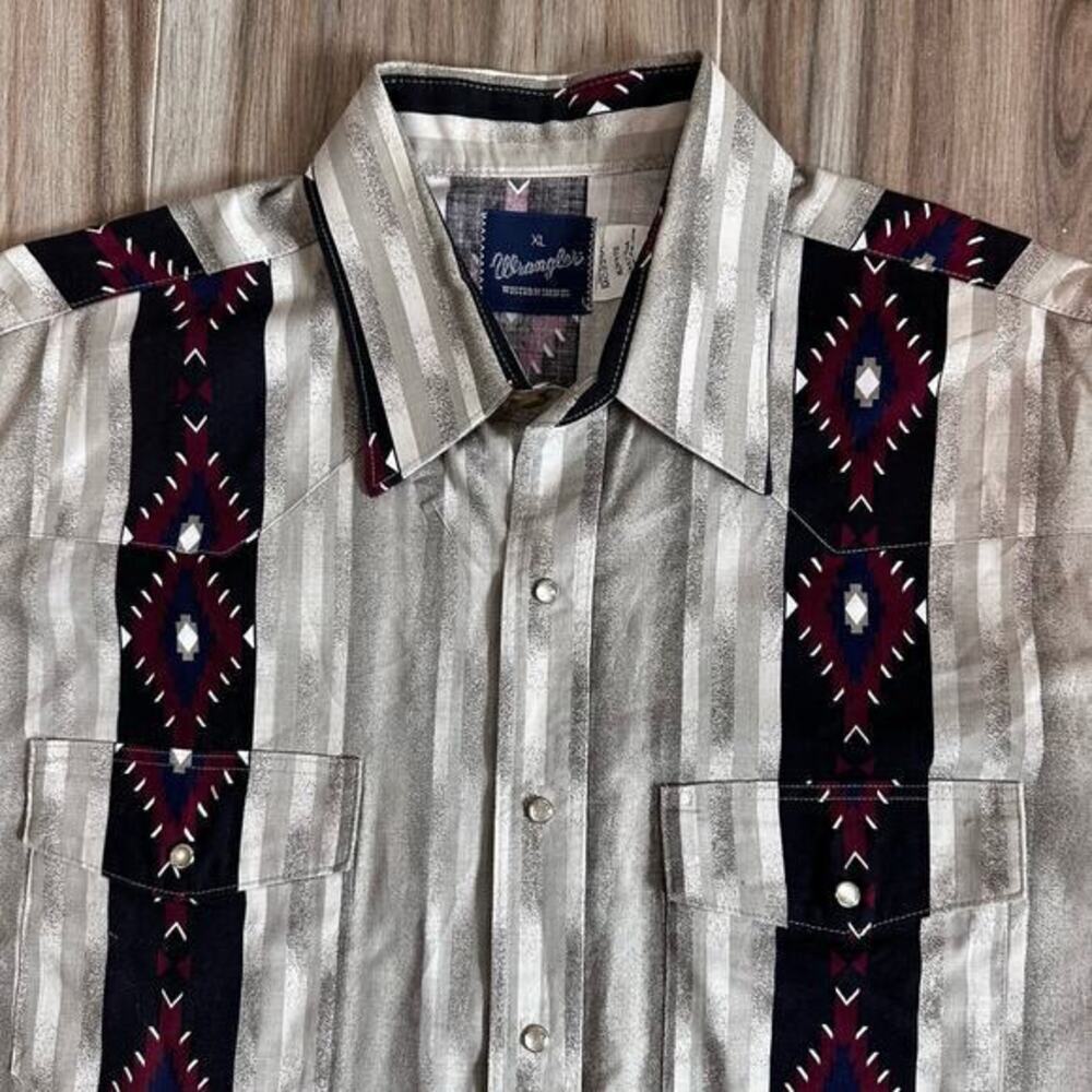 VTG Wrangler Western Shirts Red White Blue Aztec Stripe‎ Pearl Snap XL cowboy